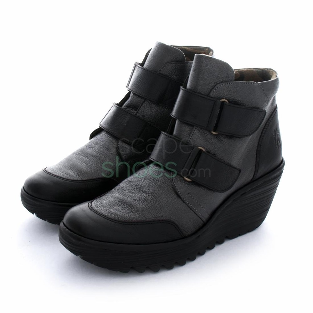 Fly London Yasi Suede Leather Wedge Ankle Boots Gray Black P500684004 Size 38